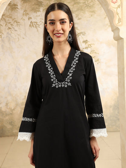 Saba  Black Chikankari Kurta Set with White Thread & Lace