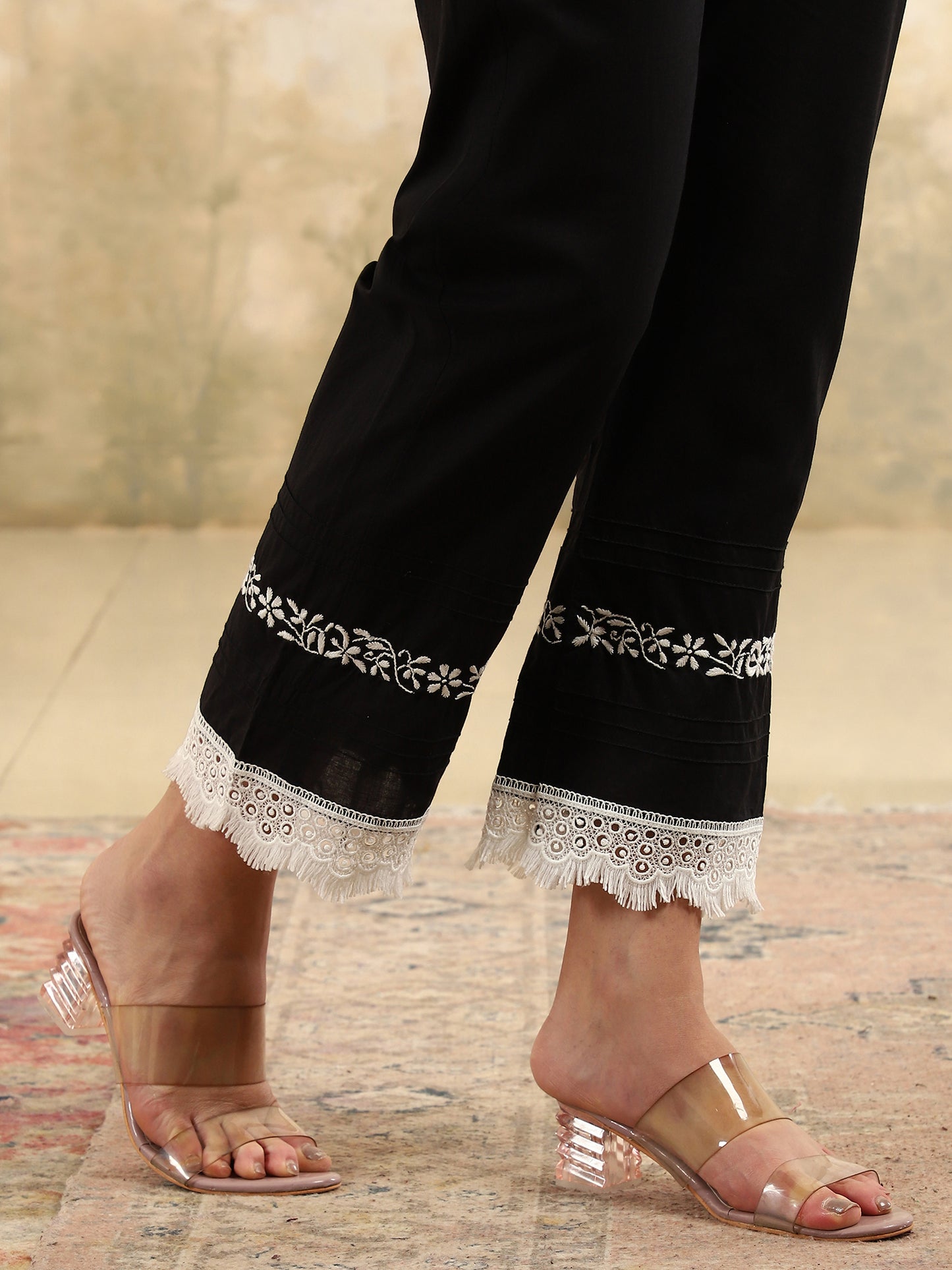 Saba  Black Chikankari Kurta Set with White Thread & Lace