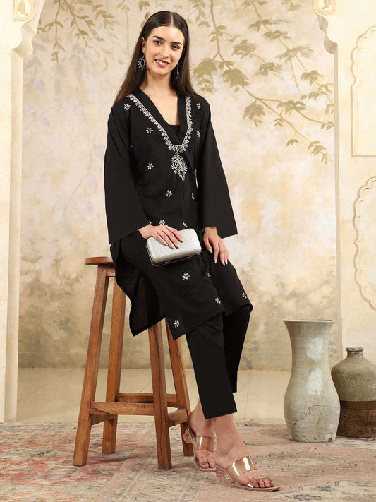 Aranya Black Chikankari Kurta Set with V-Neck