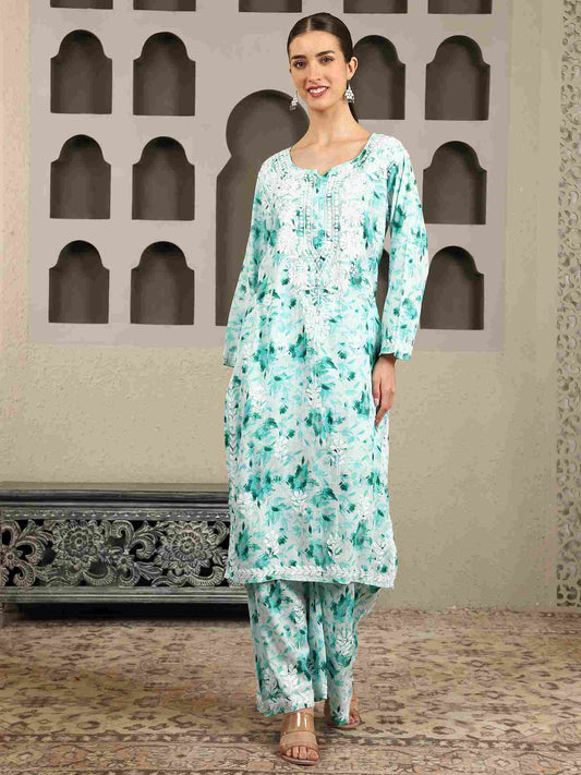 Inaya  Green Floral Print Chikankari Kurta Set with White Thread – Notch Neck