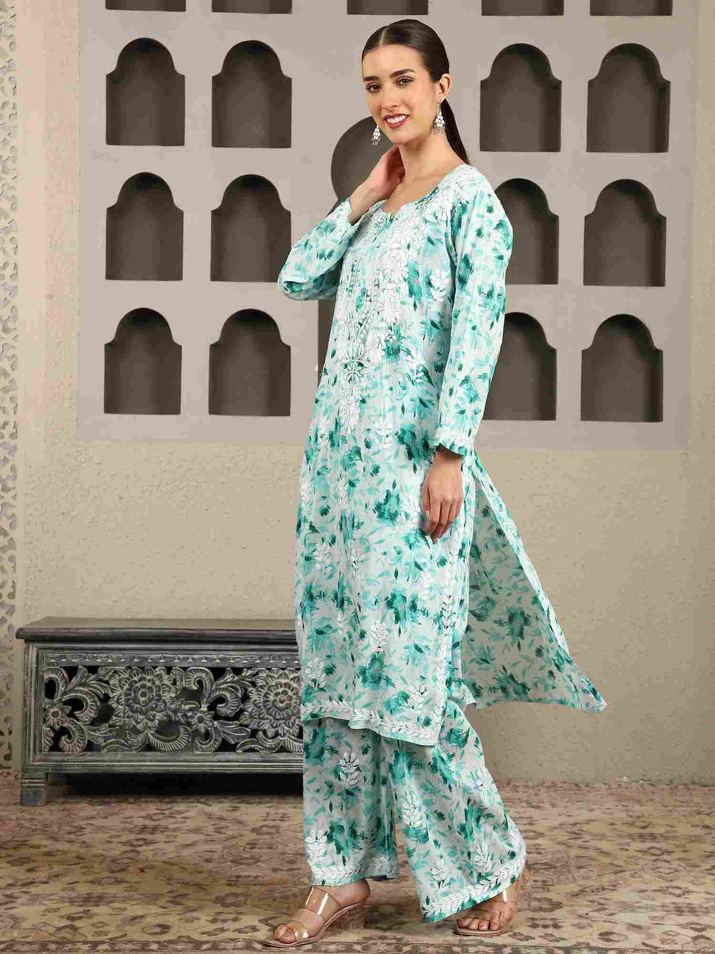 Inaya  Green Floral Print Chikankari Kurta Set with White Thread – Notch Neck