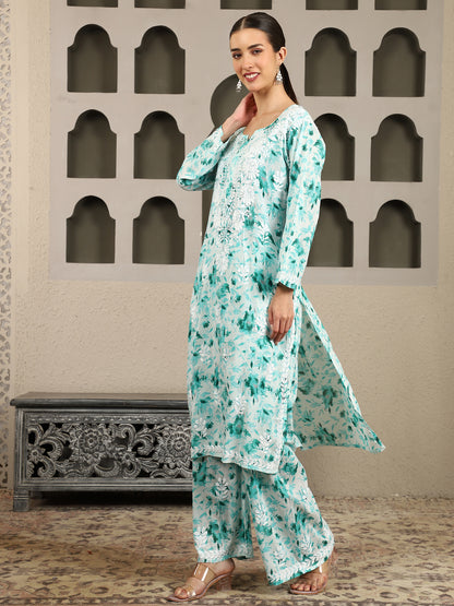 Inaya  Blue Floral Print Chikankari Kurta Set with White Thread – Notch Neck