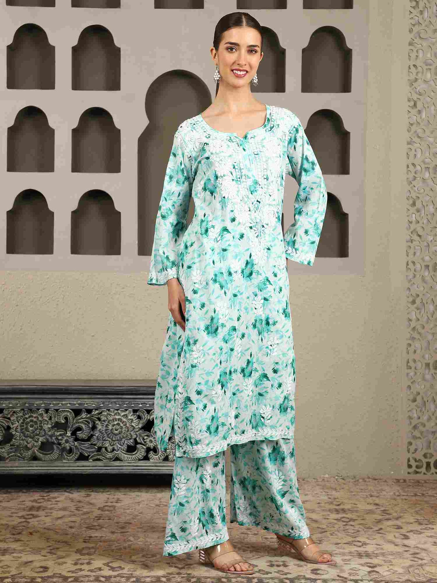 Inaya  Green Floral Print Chikankari Kurta Set with White Thread – Notch Neck