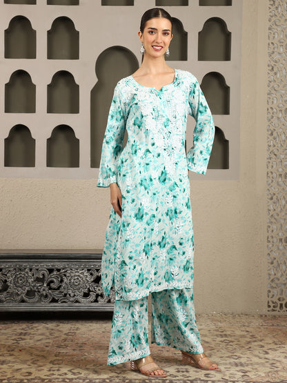 Inaya  Blue Floral Print Chikankari Kurta Set with White Thread – Notch Neck