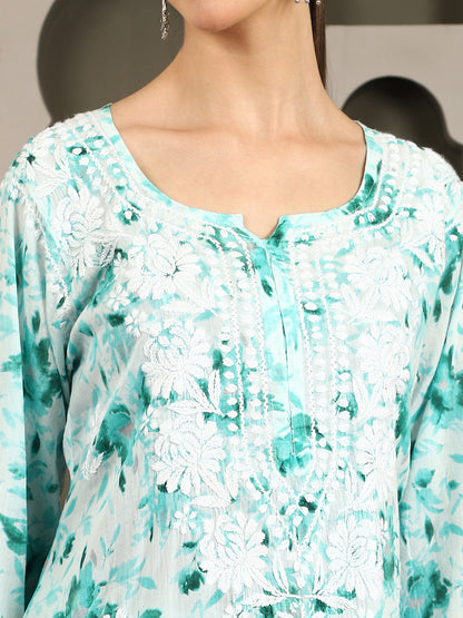 Inaya  Blue Floral Print Chikankari Kurta Set with White Thread – Notch Neck