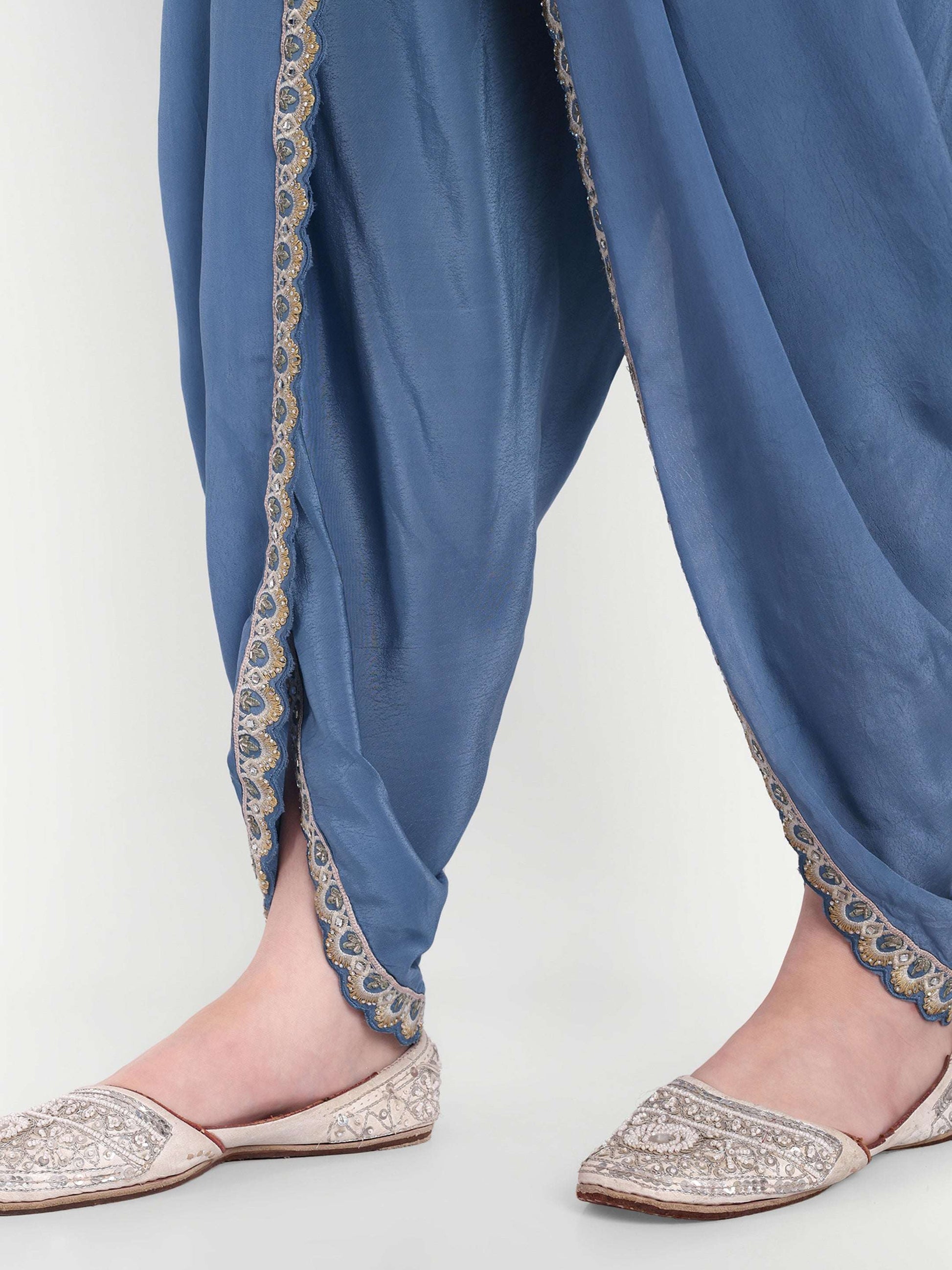 Dhoti-style pants with embroidered moti work lace
