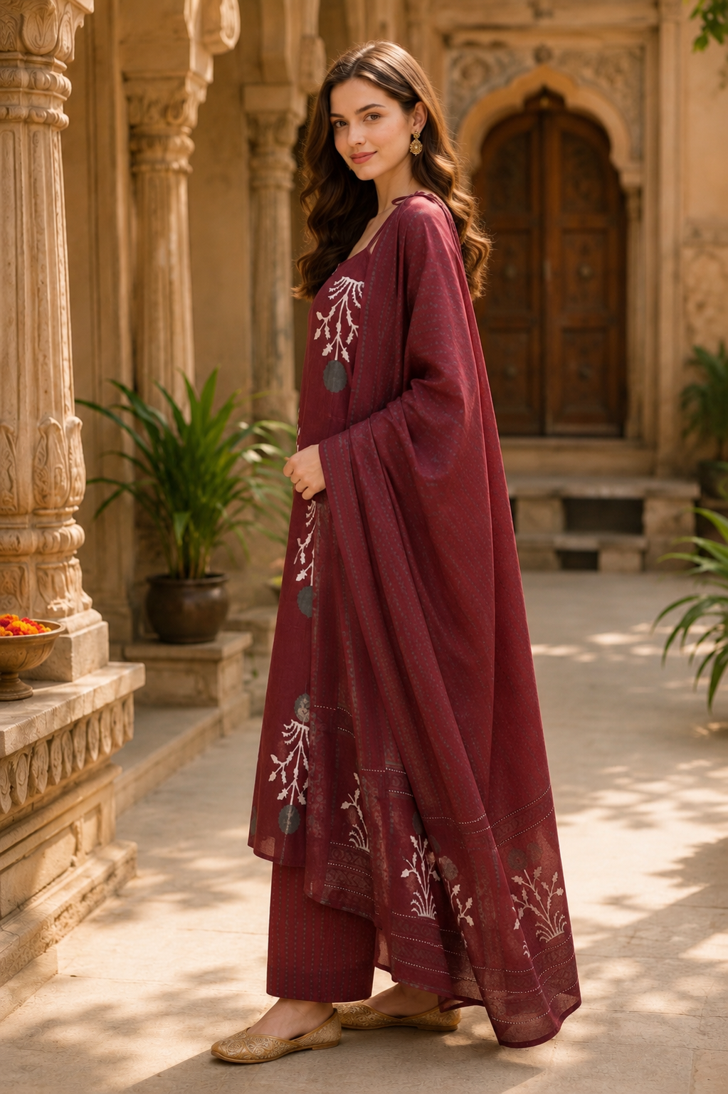 Cherry  Handblock Pure Cotton Kurta Set With Dupatta