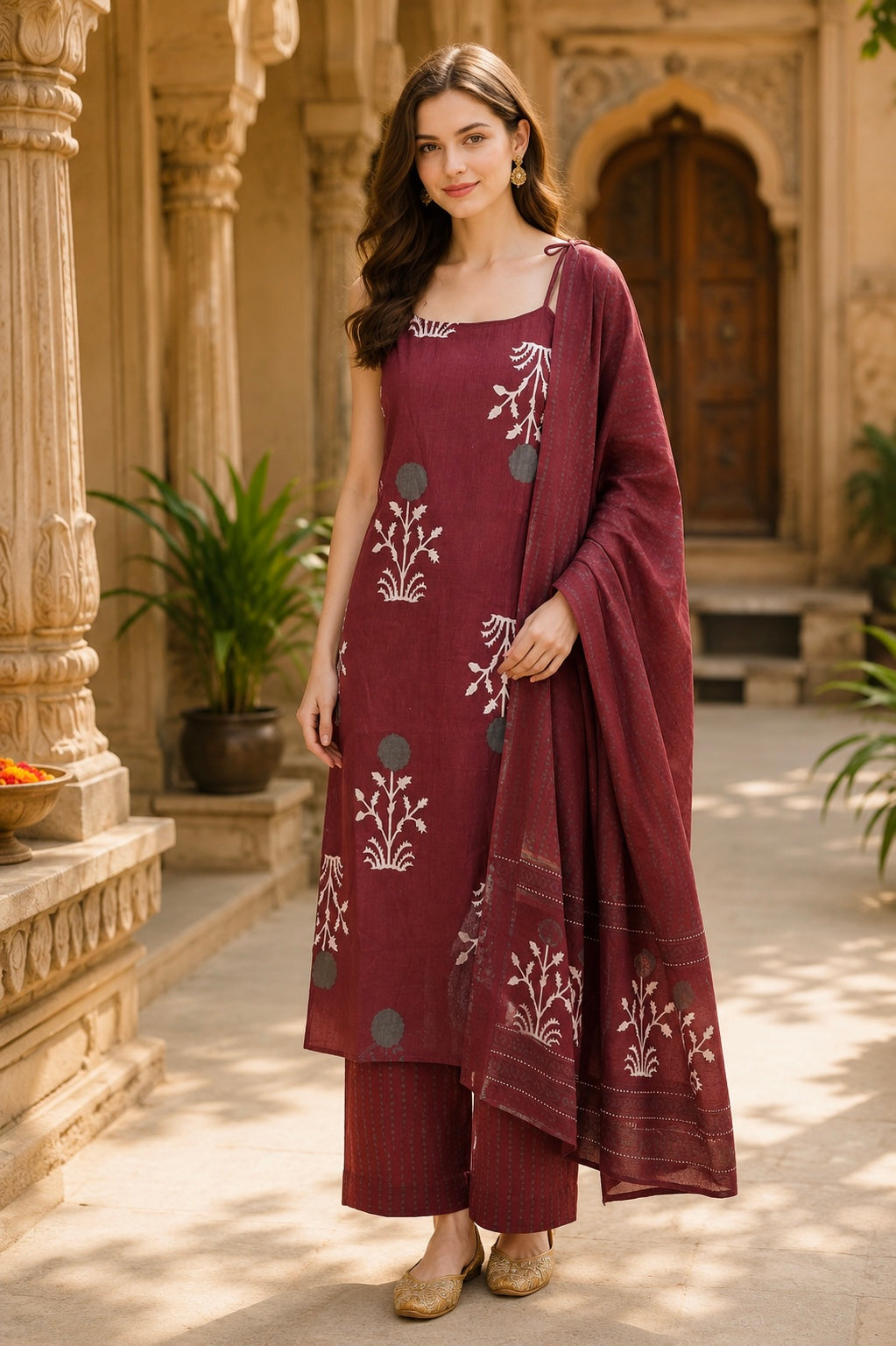 Cherry  Handblock Pure Cotton Kurta Set With Dupatta