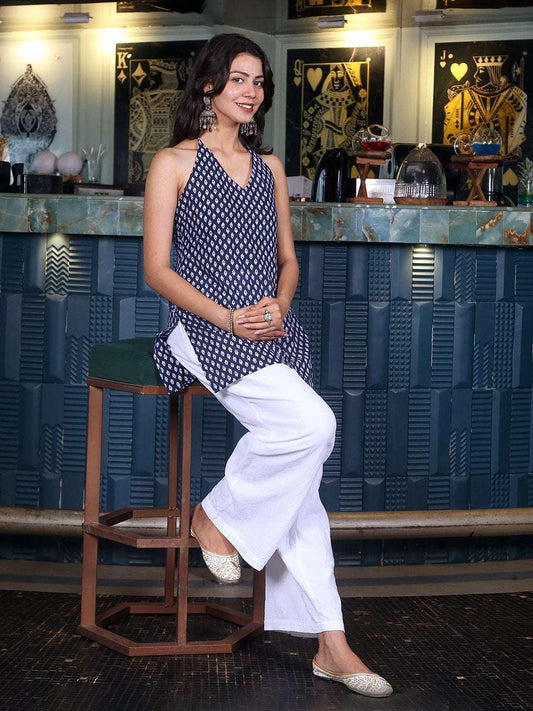 Blue Block Print Halter Neck Kurti