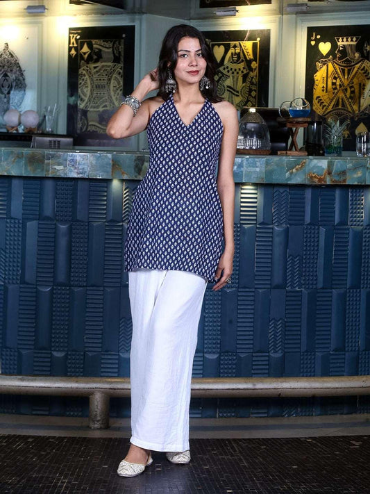 Blue Block Print Halter Neck Kurti