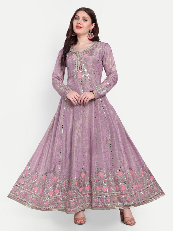 Chic Pink V-neck Anarkali Frock Suit with Border Design