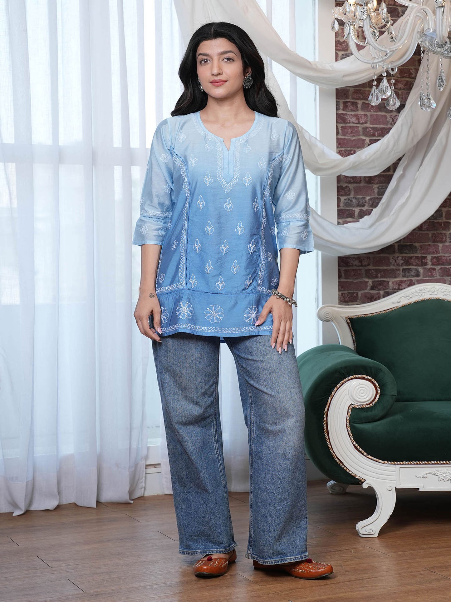 Akasa Chanderi Chikankari Kurti – Blue Ombre