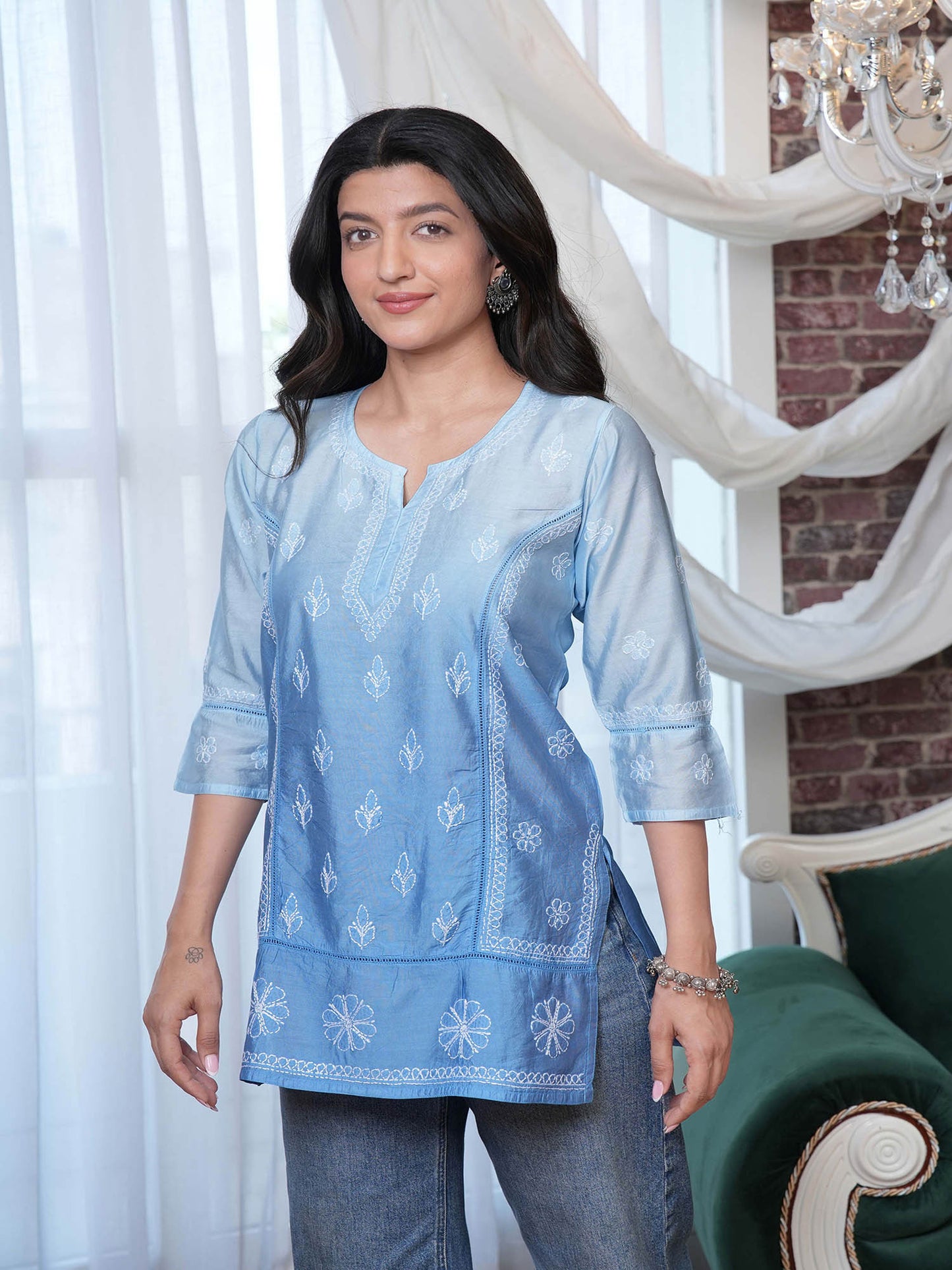 Akasa Chanderi Chikankari Kurti – Blue Ombre