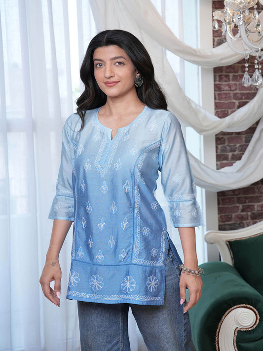 Akasa Chanderi Chikankari Kurti – Blue Ombre