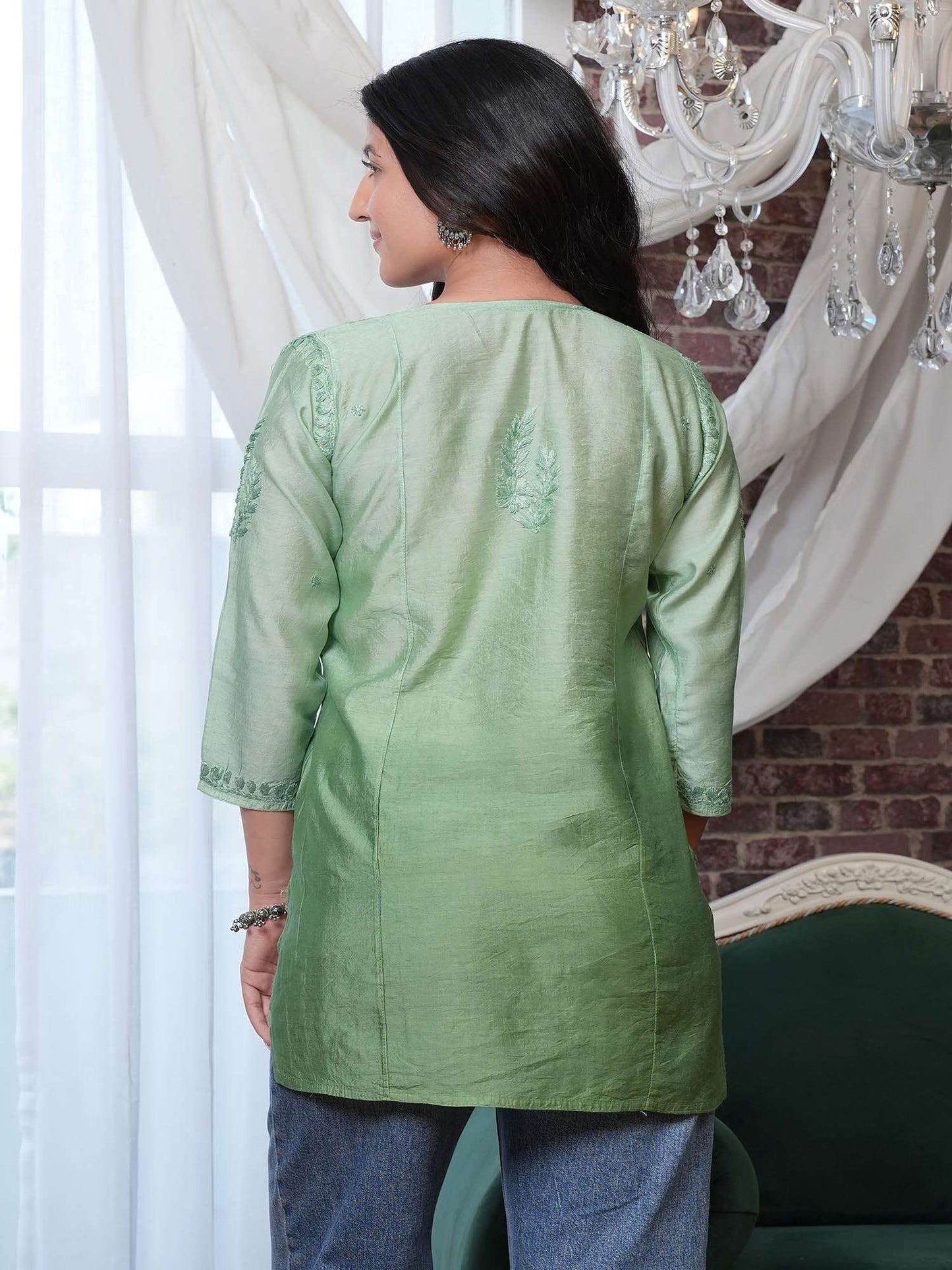 Gulshan Chikankari Short Kurti – Green Ombre