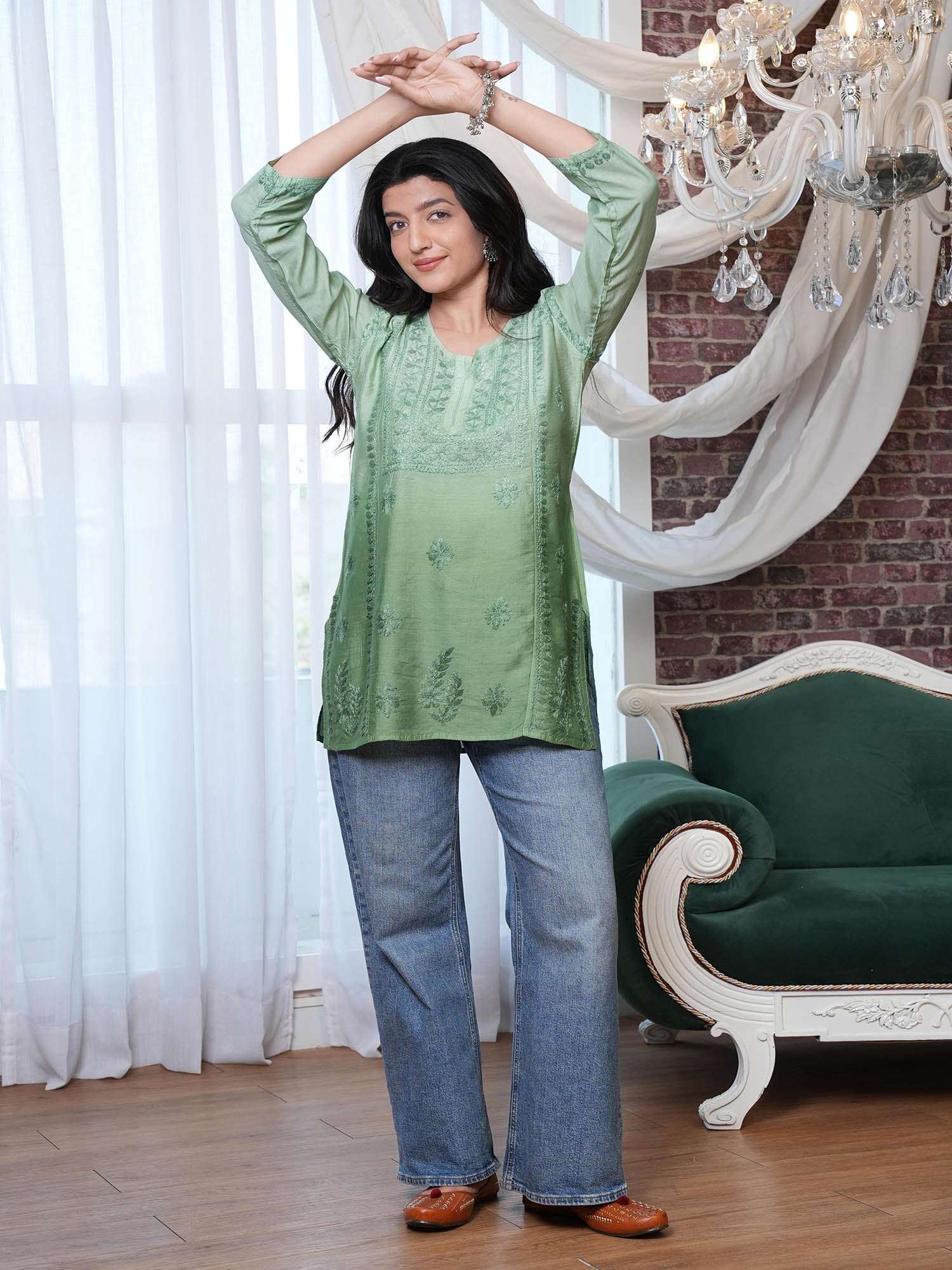 Gulshan Chikankari Short Kurti – Green Ombre