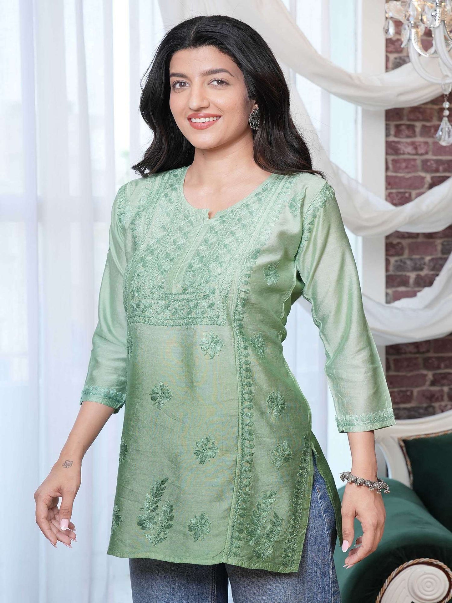 Gulshan Chikankari Short Kurti – Green Ombre