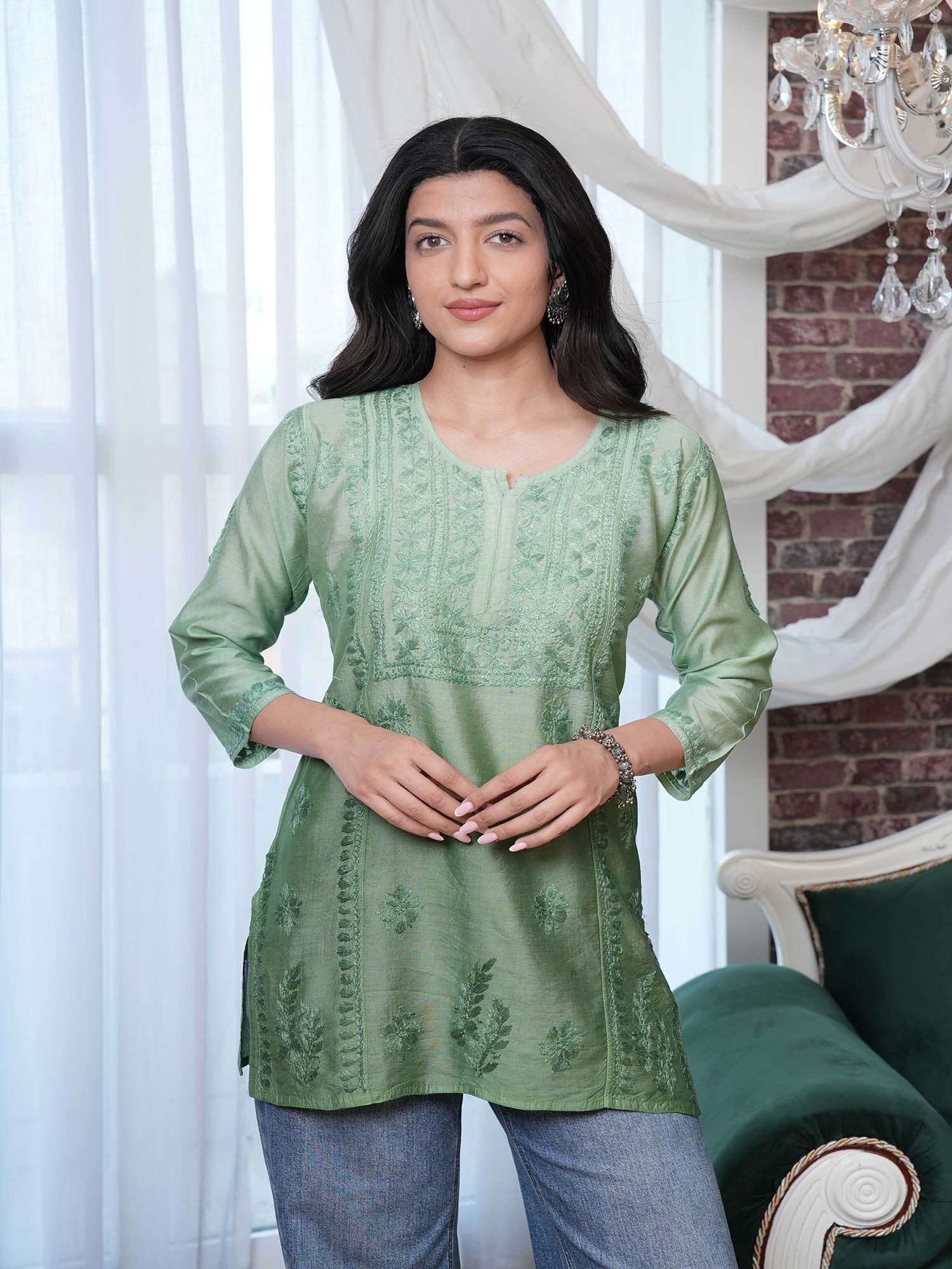 Gulshan Chikankari Short Kurti – Green Ombre