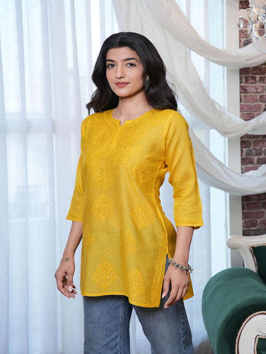 Parnika Chanderi Chikankari Kurti – Yellow