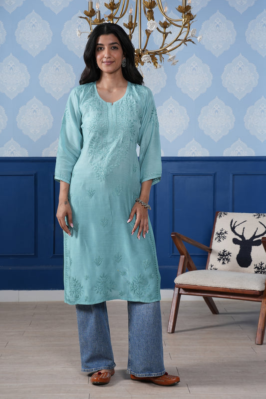 This Muslin Chikankari kurta offers a perfect blend of modern style.