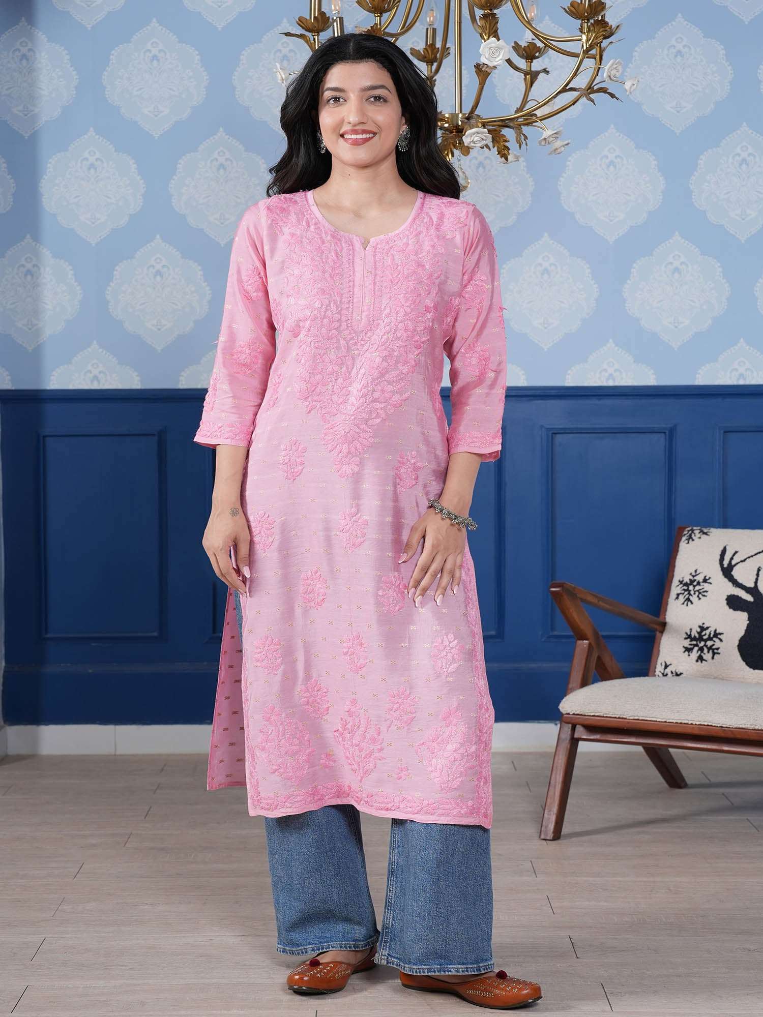 Naisha Chanderi Chikankari Long Kurta – Blush Pink