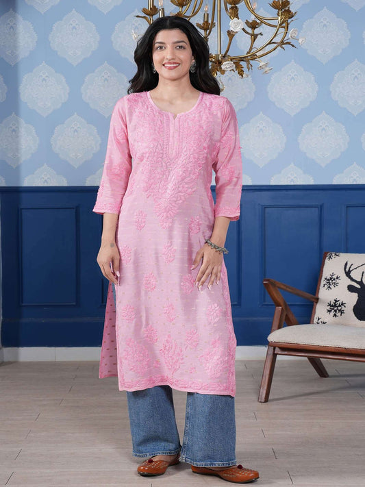 Naisha Chanderi Chikankari Long Kurta – Blush Pink
