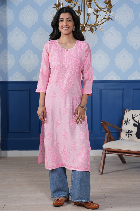 This Muslin Chikankari long kurta offers a perfect blend of modern style and traditional charm. 