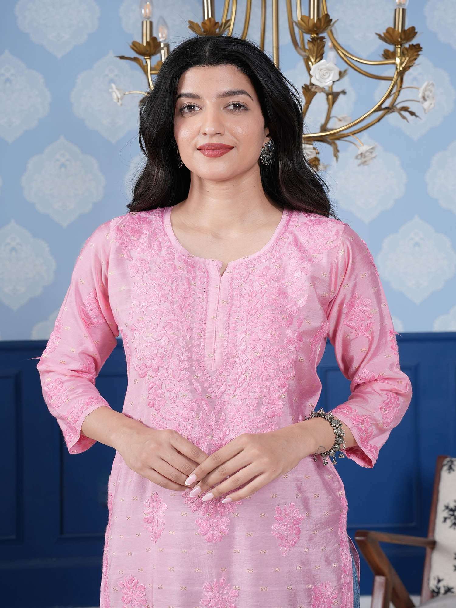 Naisha Chanderi Chikankari Long Kurta – Blush Pink