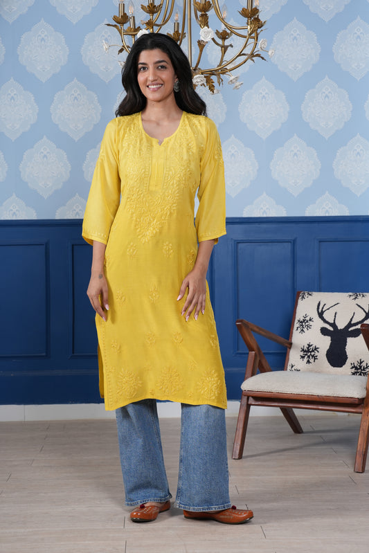 this Muslin Chikankari kurta perfect blend of modern style and traditional charm. 