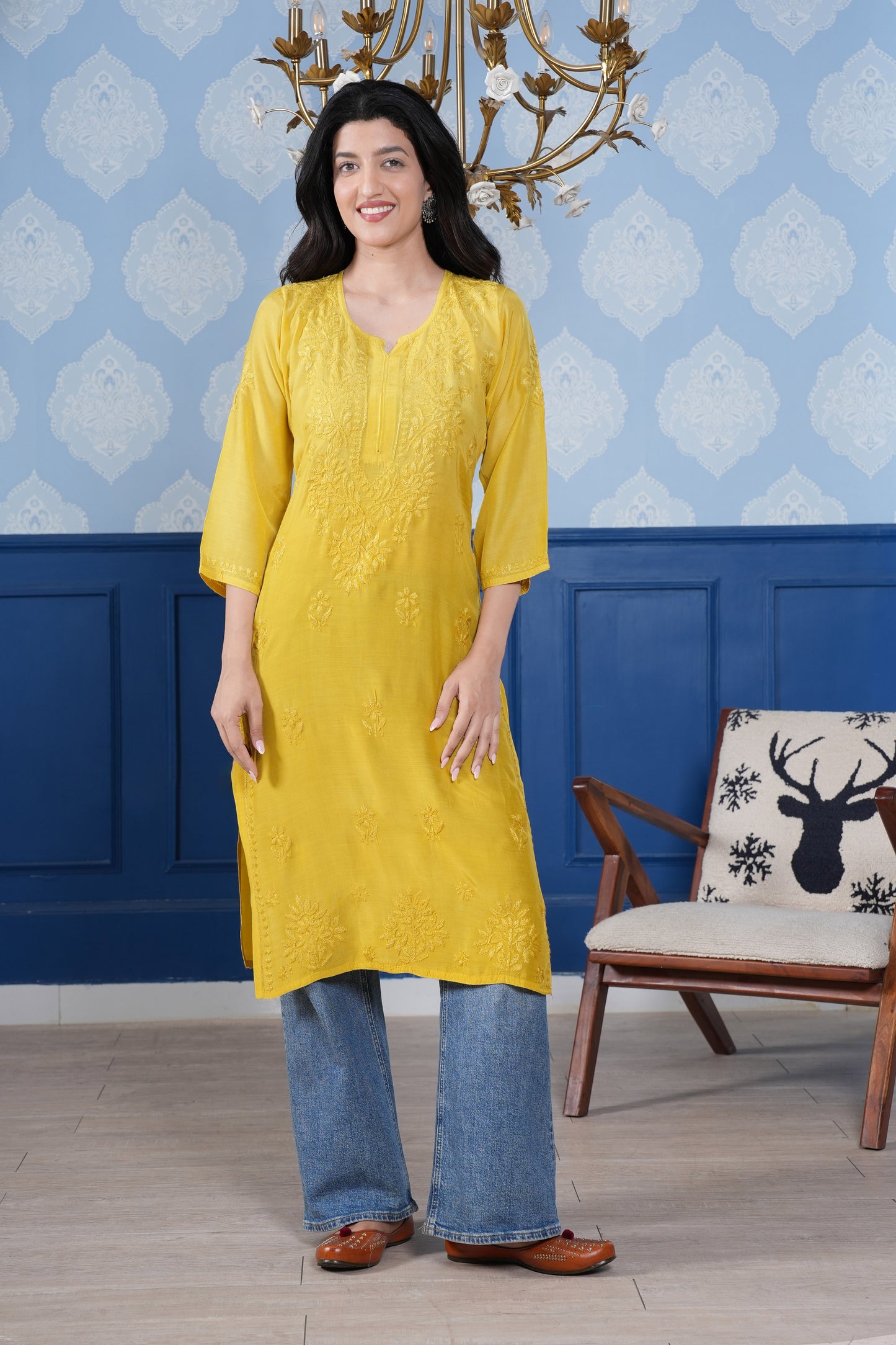 This Muslin Chikankari kurta offers a perfect blend of modern style and traditional charm.