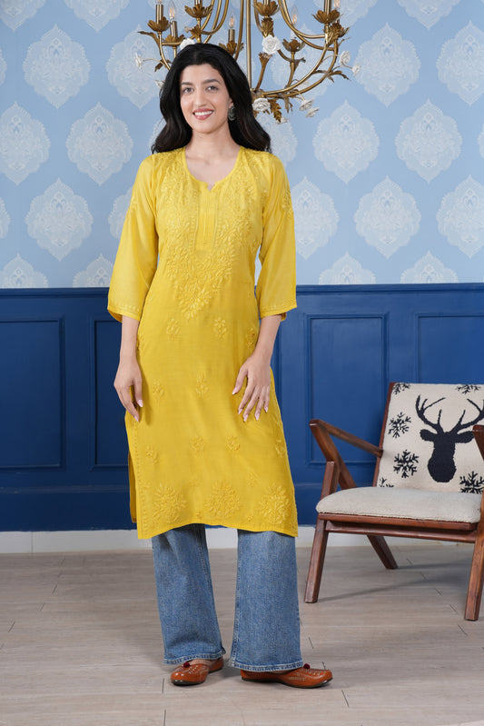 This Muslin Chikankari kurta offers a perfect blend of modern style and traditional charm.