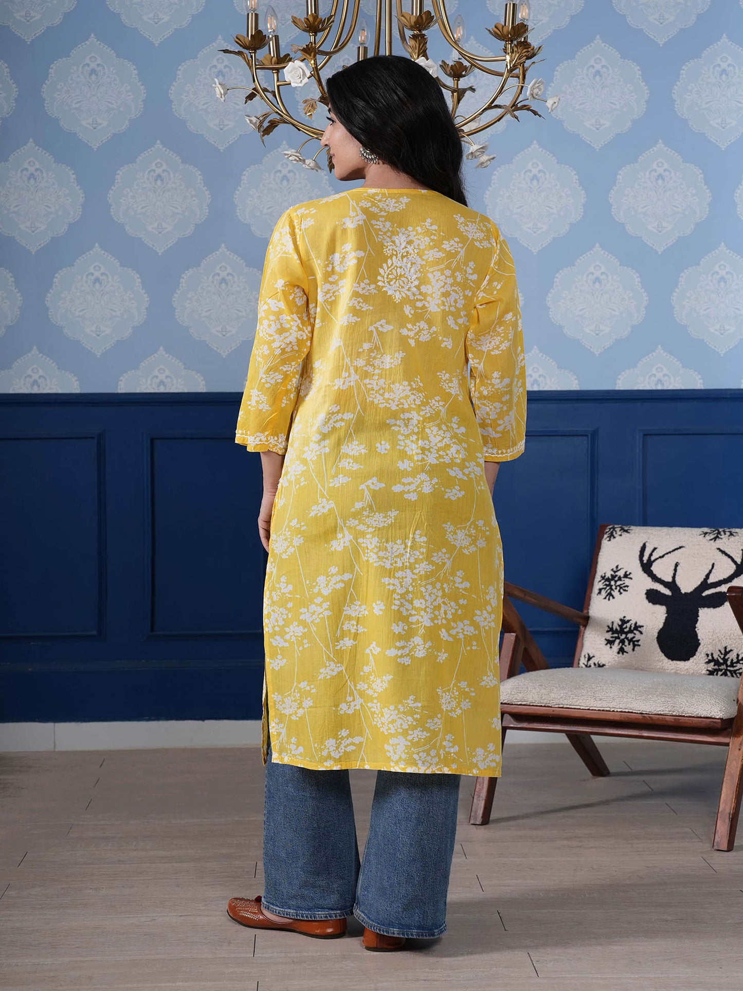 Omya Chikankari Long Kurta – Lemon Yellow