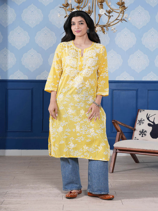 Omya Chikankari Long Kurta – Lemon Yellow