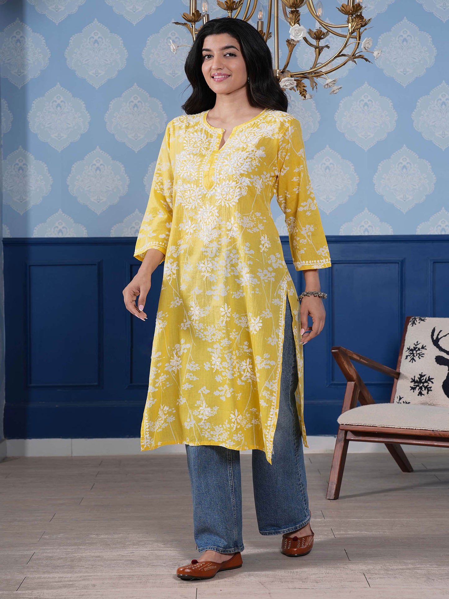 Omya Chikankari Long Kurta – Lemon Yellow