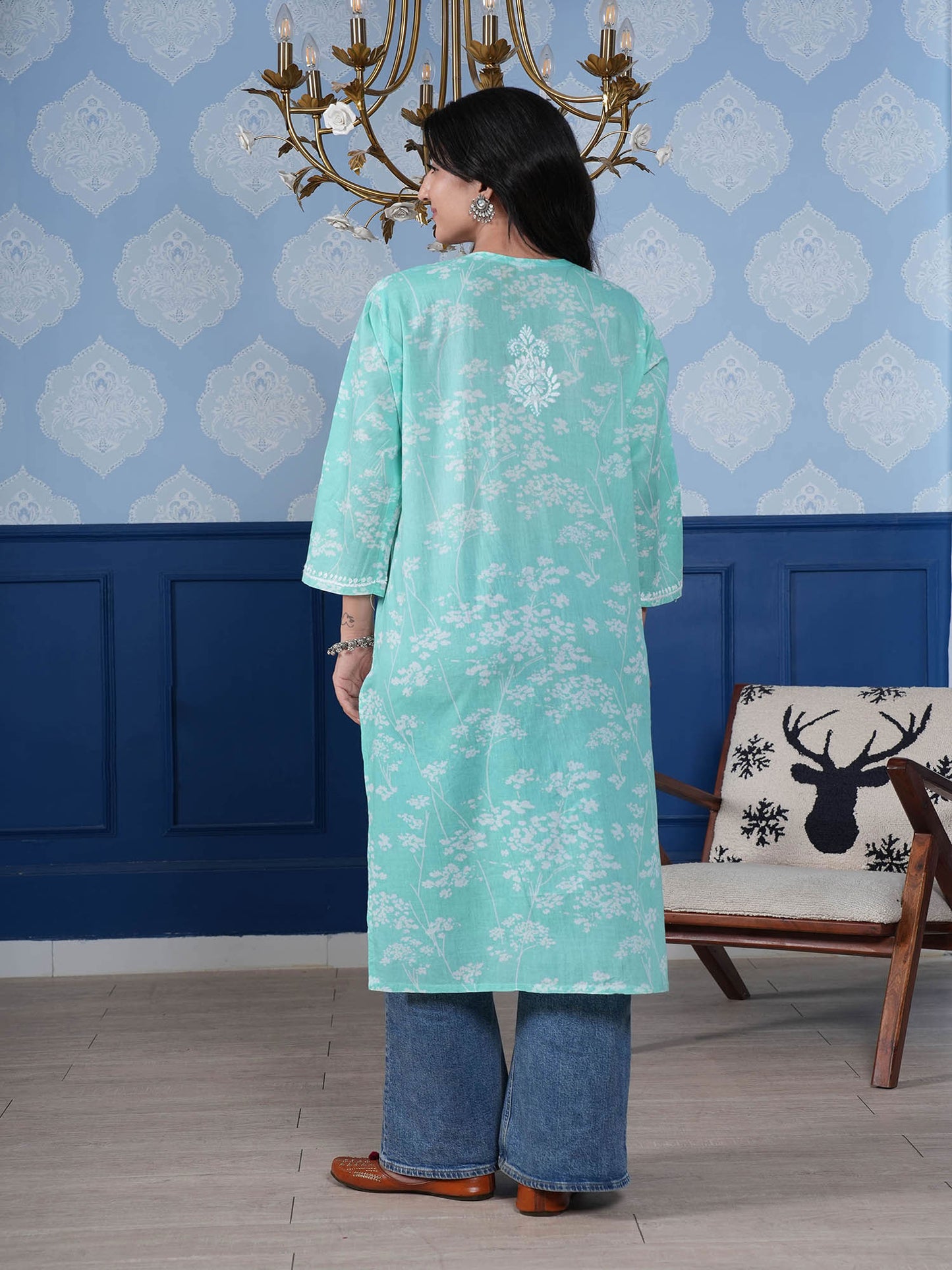 Omya Chikankari Long Kurta – Aqua Blue