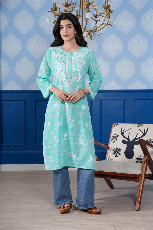 This Cotton Chikankari kurta offers a  modern style and traditional charm. 