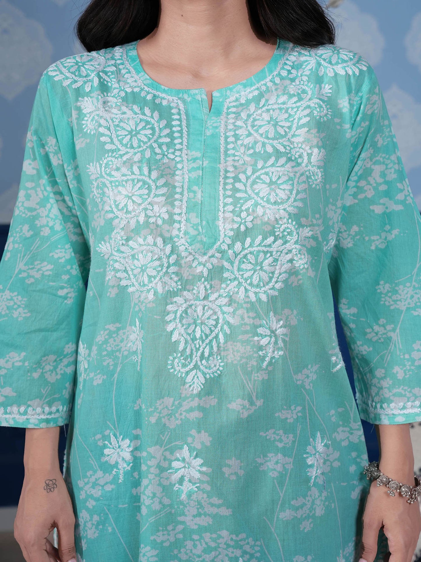 Omya Chikankari Long Kurta – Aqua Blue
