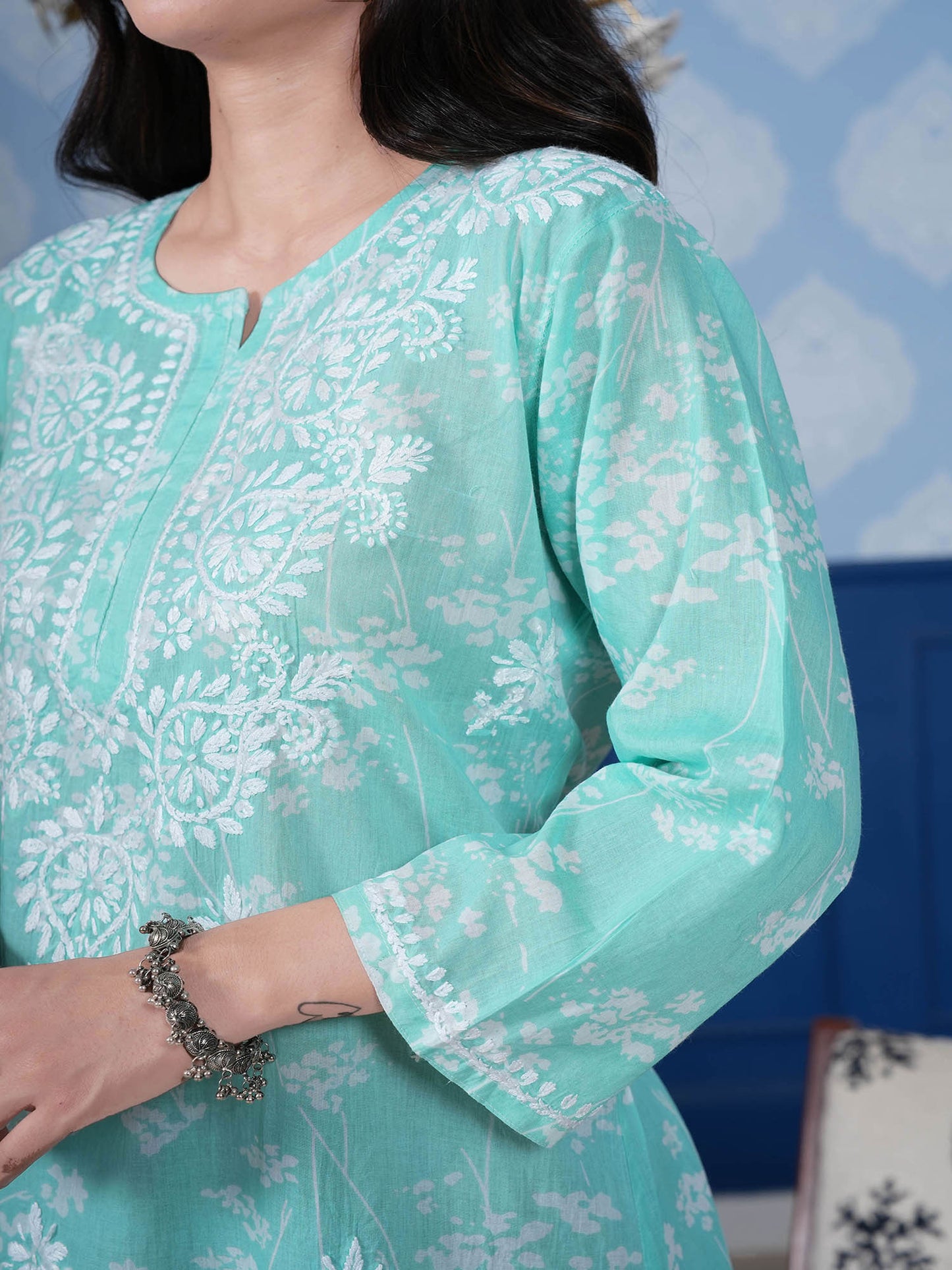 Omya Chikankari Long Kurta – Aqua Blue