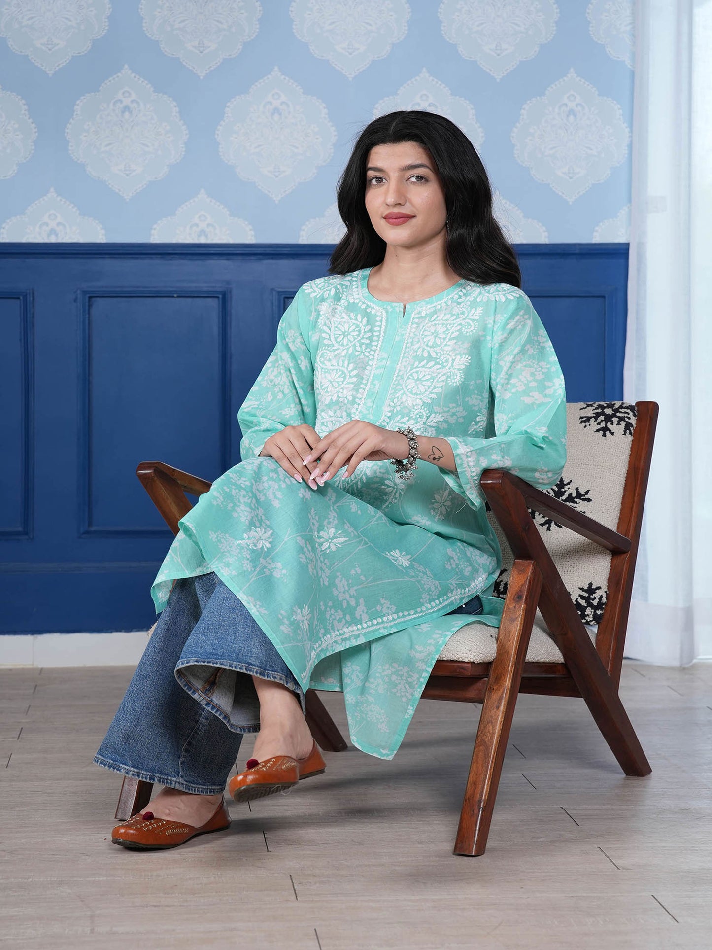 Omya Chikankari Long Kurta – Aqua Blue