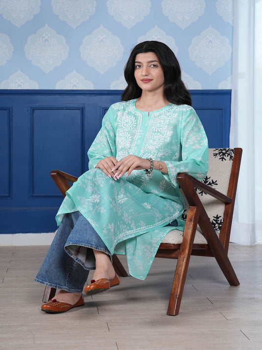 Omya Chikankari Long Kurta – Aqua Blue