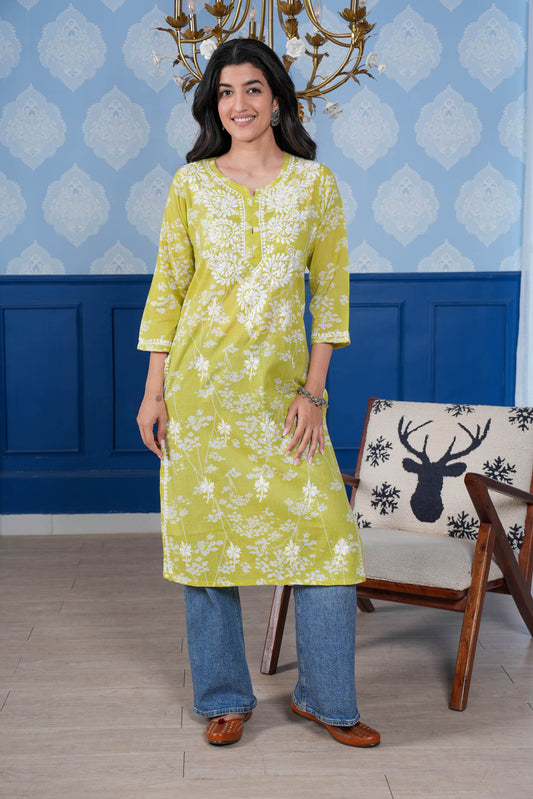 This cotton Chikankari kurta offers a perfect blend of modern style and traditional charm. 