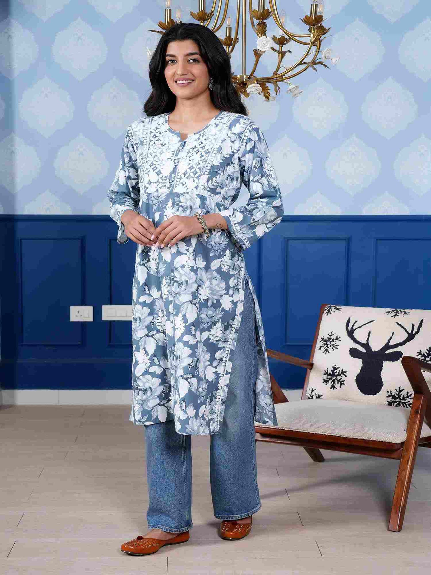 Monochromatic Printed Long Kurta – Blue Floral Print