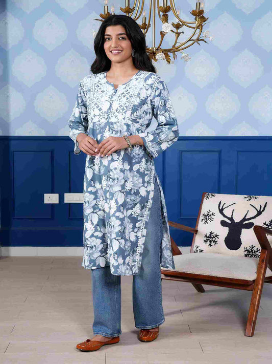 Monochromatic Printed Long Kurta – Blue Floral Print