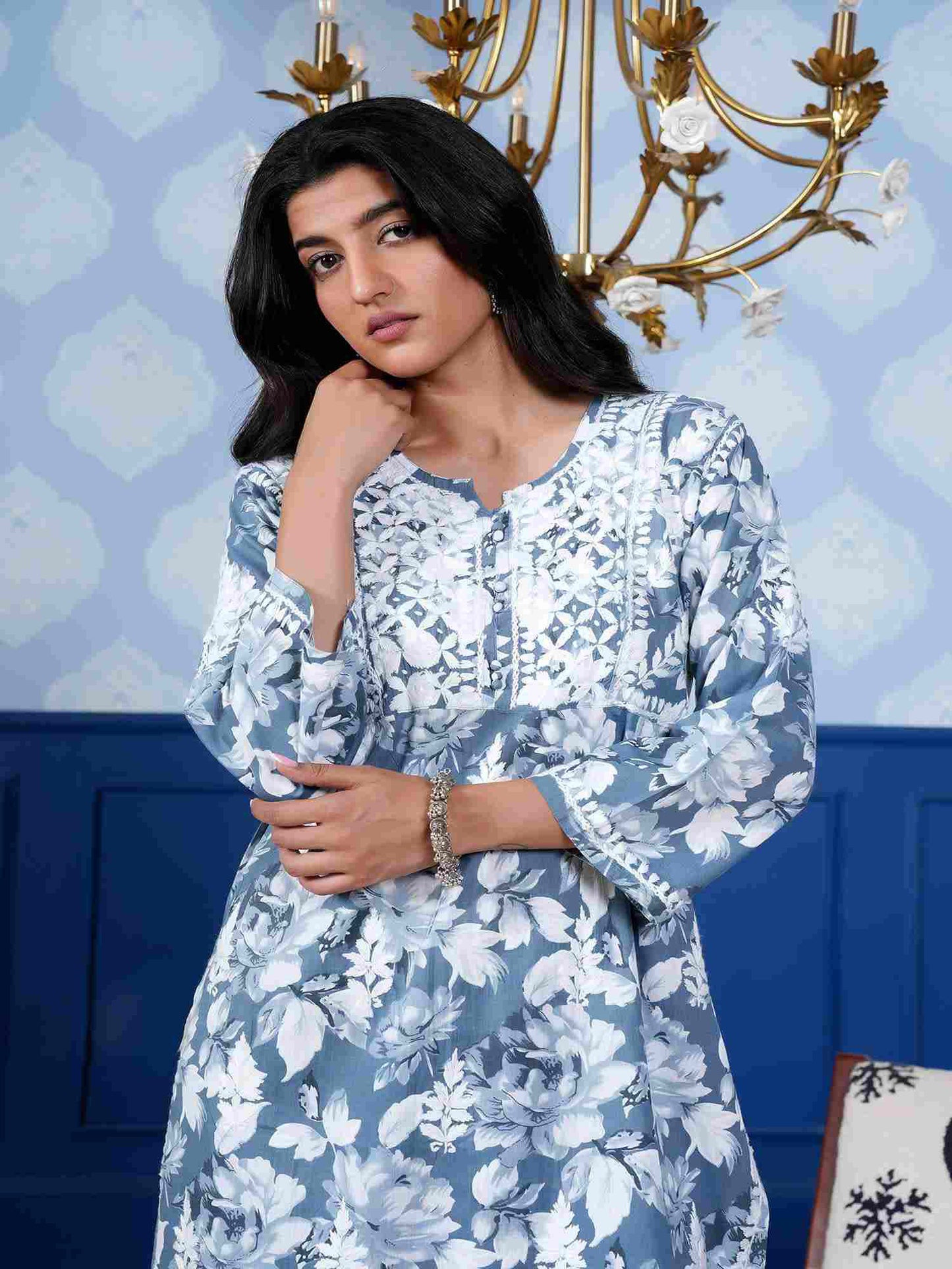 Monochromatic Printed Long Kurta – Blue Floral Print