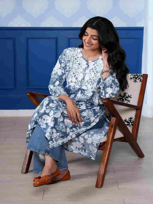 Monochromatic Printed Long Kurta – Blue Floral Print
