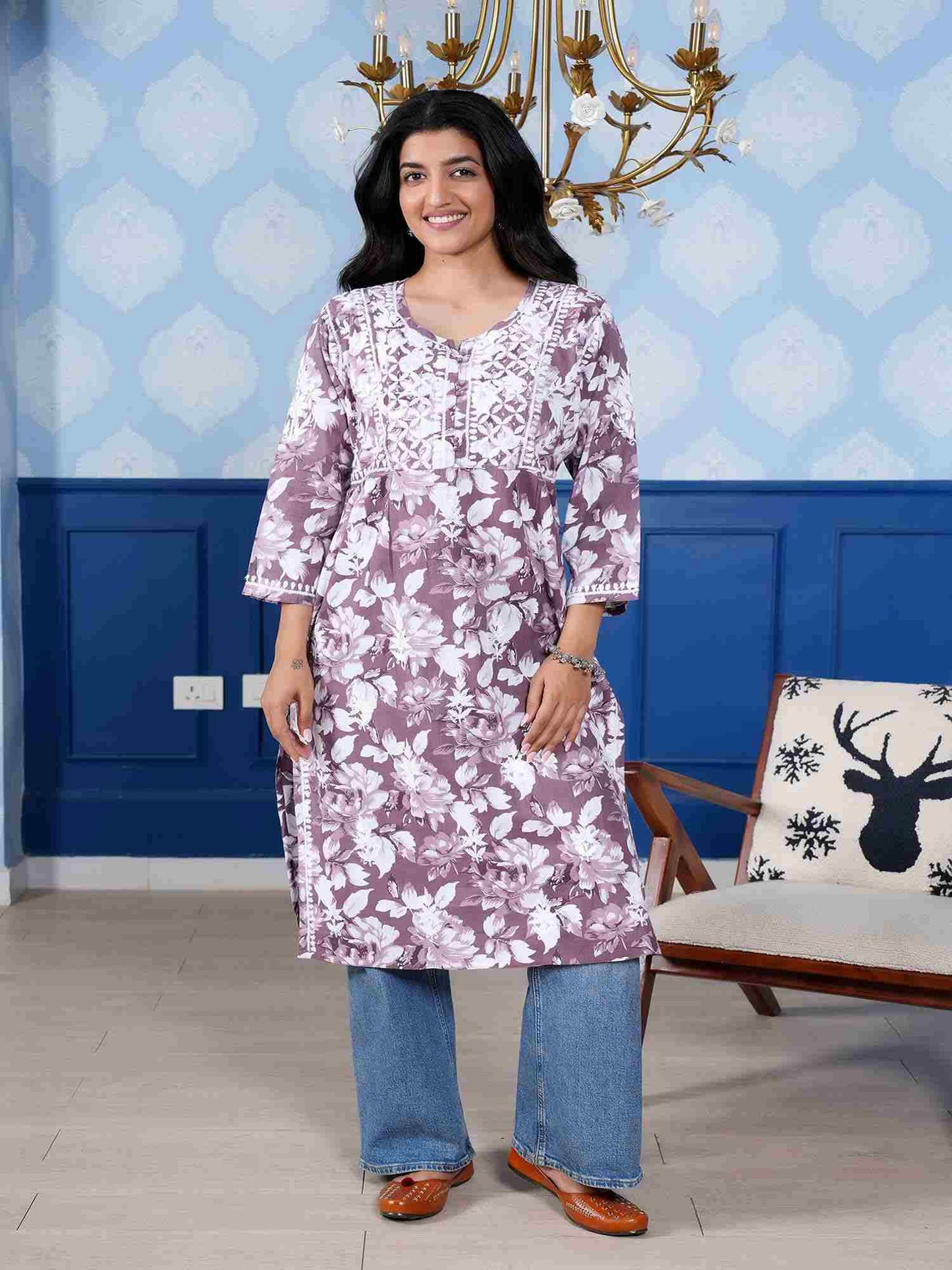 Monochromatic Printed Kurta – Purple Floral Print
