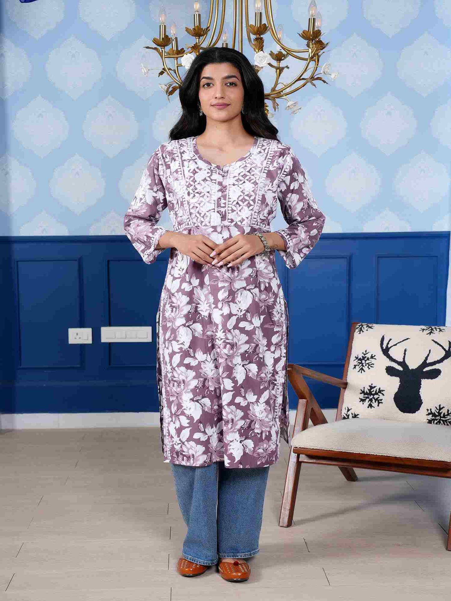 Monochromatic Printed Kurta – Purple Floral Print
