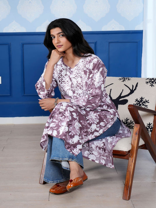 Monochromatic Printed Kurta – Purple Floral Print
