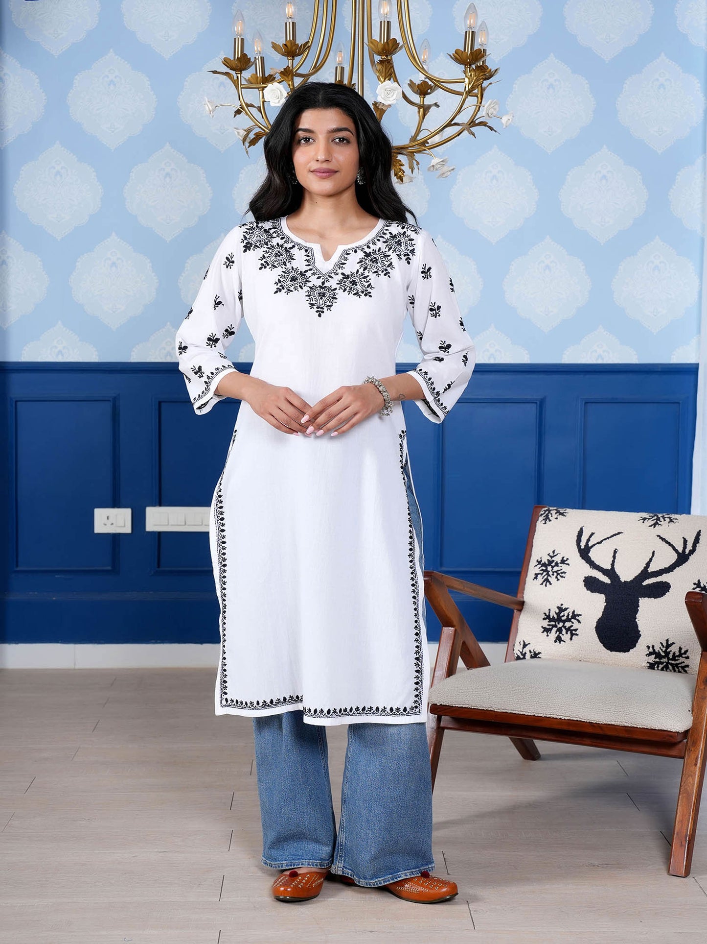 Mahi Black Embroidery  Long Chikankari Kurta – White