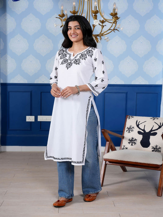 Mahi Black Embroidery  Long Chikankari Kurta – White